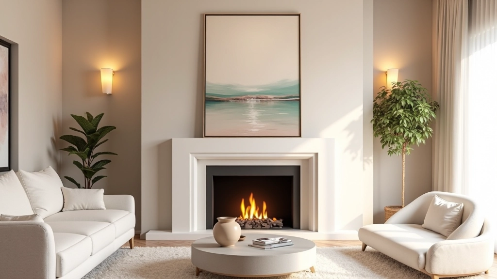 Salón con chimenea y cuadro grande como punto focal, equilibrado con decoración lateral más sutil