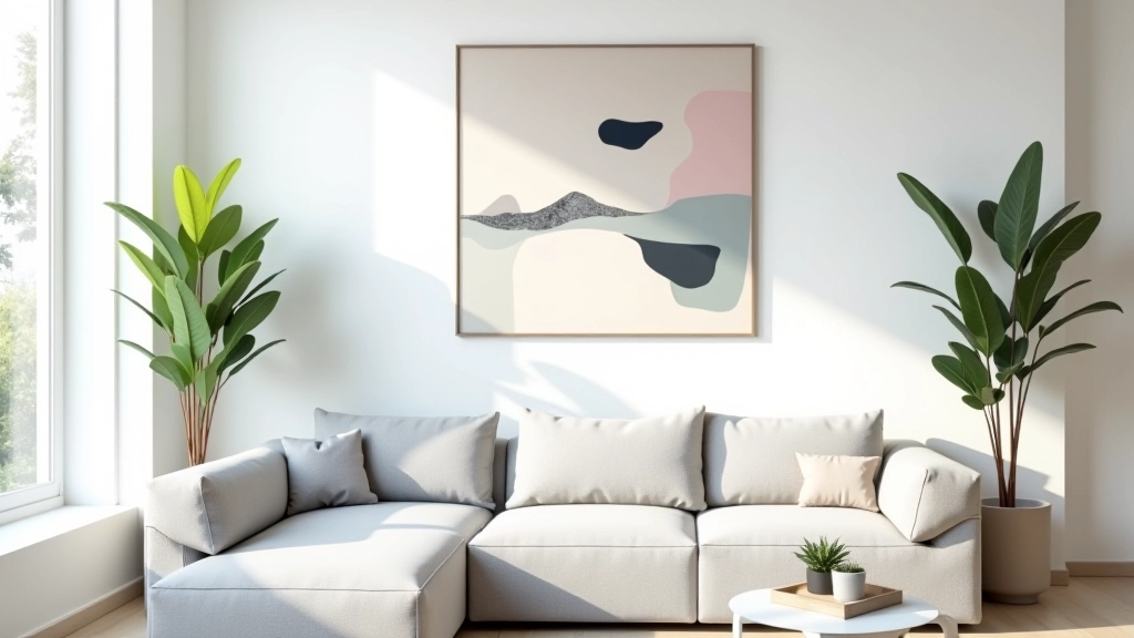 Cuadros abstractos colgados en pared blanca con sofá gris y plantas decorativas