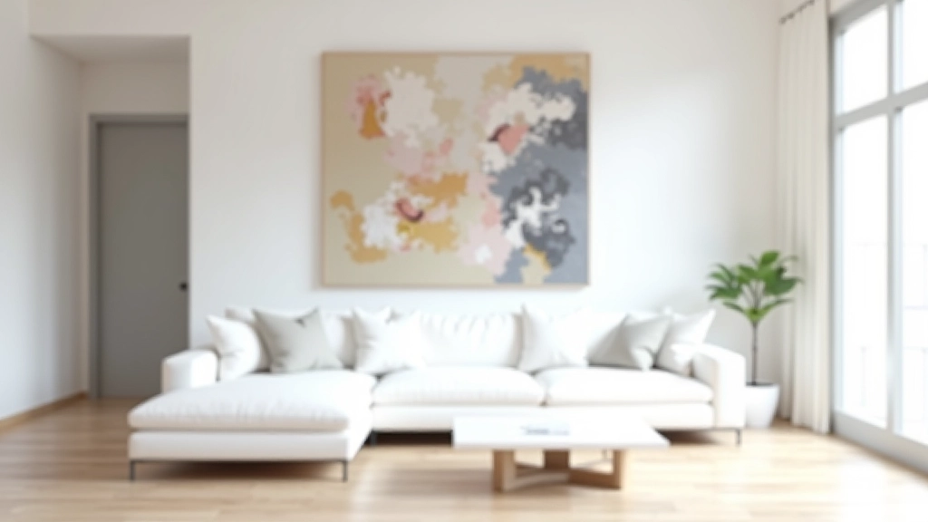 Sala moderna con cuadro abstracto grande como punto focal, sofá blanco minimalista y plantas verdes